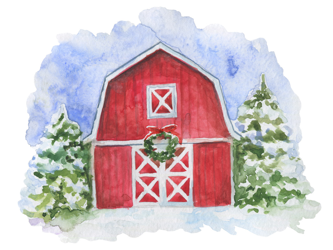 Watercolor painting of a red barn with white trim, snow-dusted evergreens, and a festive wreath on the door.