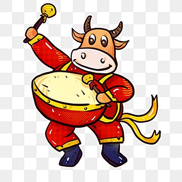 Cheerful cartoon ox in red traditional outfit playing drum and cymbal, celebrating Chinese New Year.