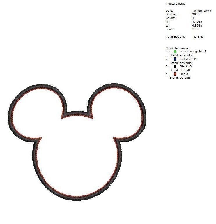 Embroidery design of Mickey Mouse ears with black outer outline and red inner detail, 5x7 inch format.