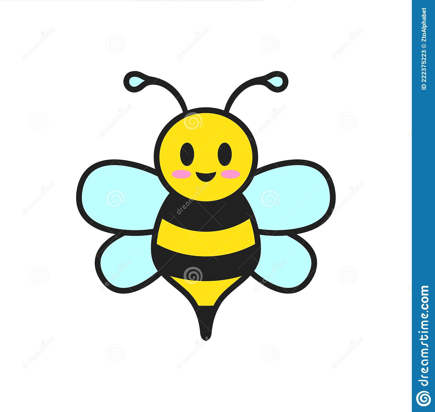 Cute cartoon bee with yellow face, black-and-yellow striped body, light blue wings, and smiling expression.