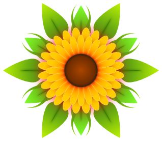 Vibrant yellow sunflower with green leaves and brown center, stylized vector illustration.