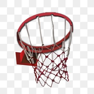 Red basketball hoop with white net and backboard, isolated on transparent background.