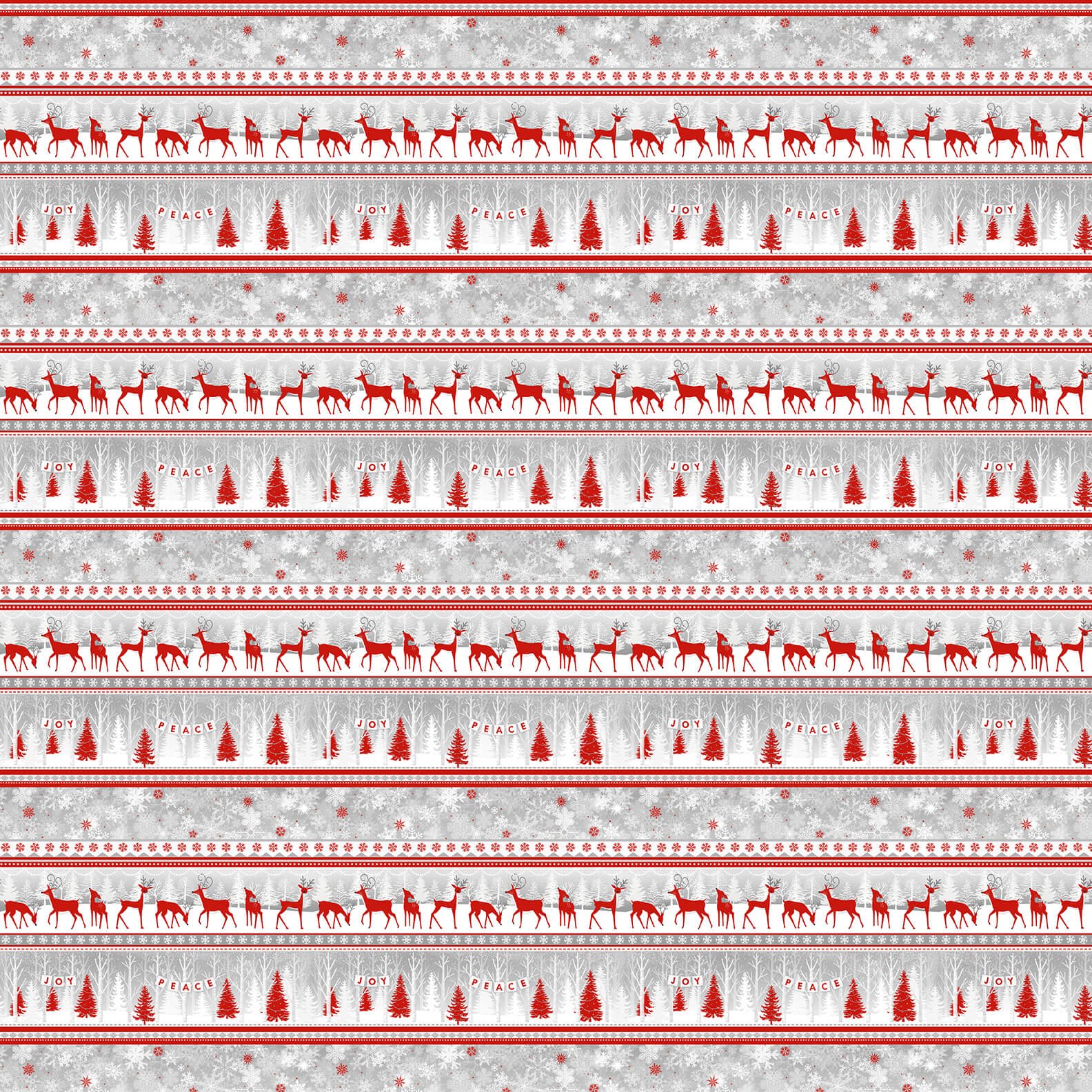 Red and white Christmas fabric pattern with reindeer, pine trees, snowflakes, and "JOY" and "PEACE" banners on a snowy background.