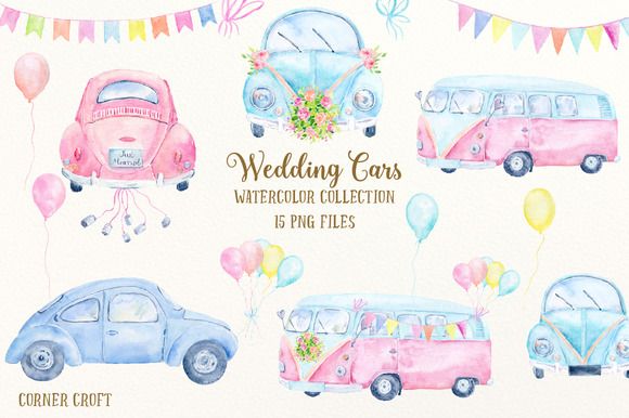 Watercolor illustration of vintage wedding cars-VW Beetles and buses-in pink and blue, decorated with flowers and balloons.
