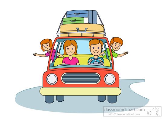 Happy family of four traveling in a red car with luggage stacked on roof rack, smiling and waving.