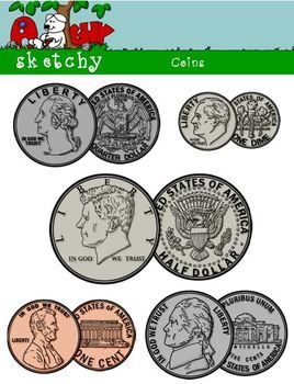 Collection of U.S. coins including penny, nickel, dime, quarter, half-dollar, and dollar, illustrated in sketchy style with labels.