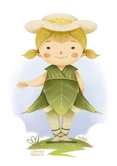 A cheerful child in a leaf costume with a daisy hat, standing on grass against a soft blue background.