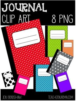 Colorful journal clip art set with polka dots and blank label spaces, 8 PNG files for educational use.