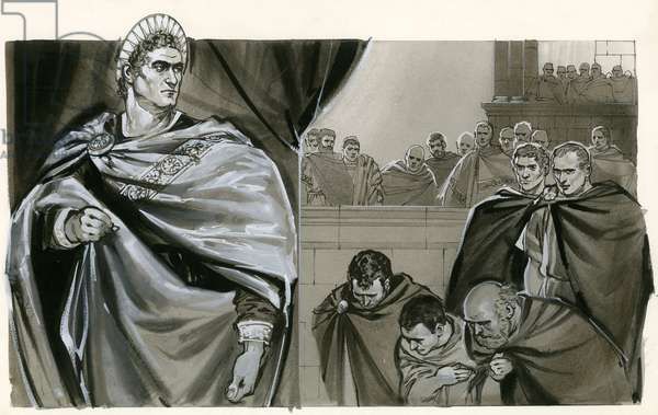 Roman emperor in toga addressing a tribunal with supplicants bowing before him; historical illustration in monochrome style.