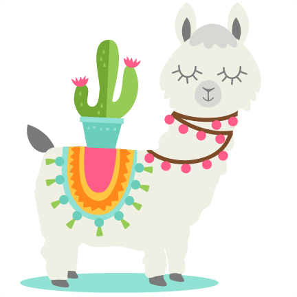 A smiling white llama wearing a colorful saddle blanket and pink pom-pom necklace, with a potted cactus on its back.