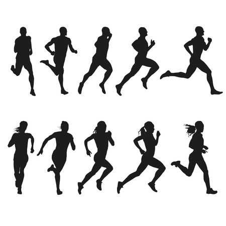 Silhouettes of ten runners in dynamic motion, five male and five female, captured mid-stride in various running poses.