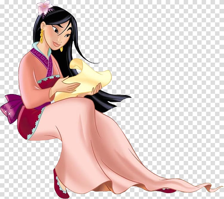 Mulan in traditional pink and purple attire, holding a scroll, seated gracefully with a flower in her hair.
