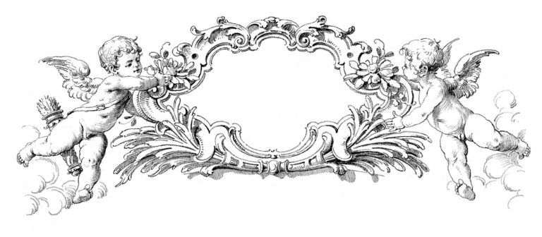 Ornate Rococo-style frame flanked by two cherubs holding floral garlands, with acanthus scrolls and cloud motifs.