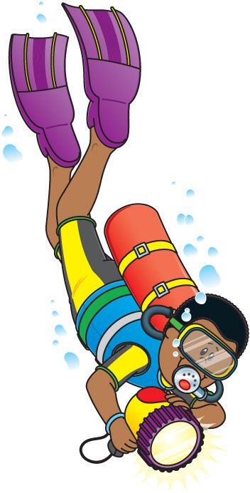 A young Black child scuba diving with purple fins, orange tank, and flashlight, surrounded by bubbles.
