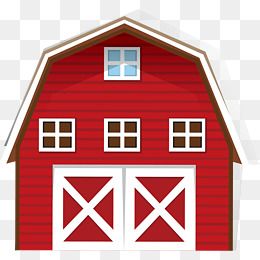 Red barn with white trim, double doors, and three windows under a gabled roof.