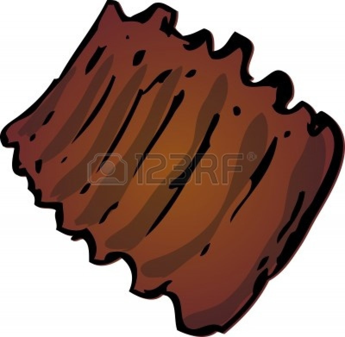 Illustrated piece of crispy bacon with textured brown stripes and irregular edges.