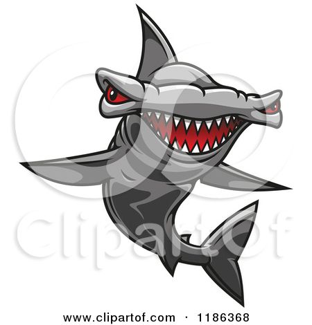 Fierce cartoon hammerhead shark with red eyes and sharp teeth, leaping forward aggressively.