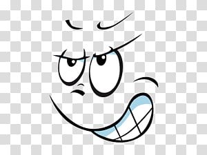Cartoon face with skeptical expression, half-closed eyes, raised eyebrow, and smirk showing teeth.