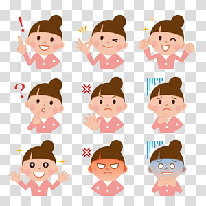 Cartoon girl displaying nine different facial expressions including surprise, confusion, anger, and joy.