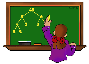 A student points to a factor tree for 48 on a green chalkboard, illustrating prime factorization steps.