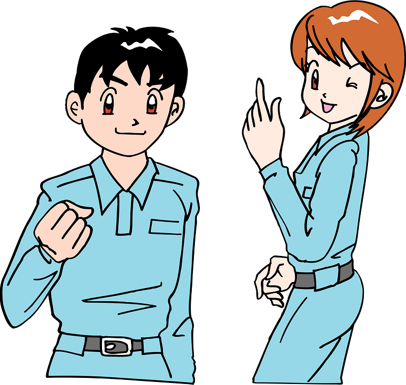 Two anime-style characters in light blue uniforms, smiling and gesturing playfully against a gray background.