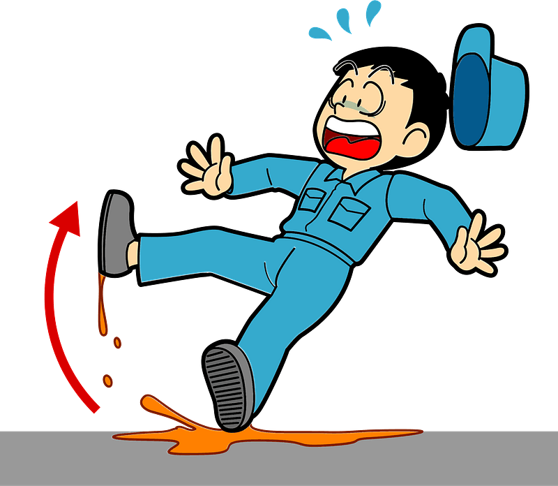 Worker slipping on orange liquid spill, hat flying off, cartoon safety hazard illustration.