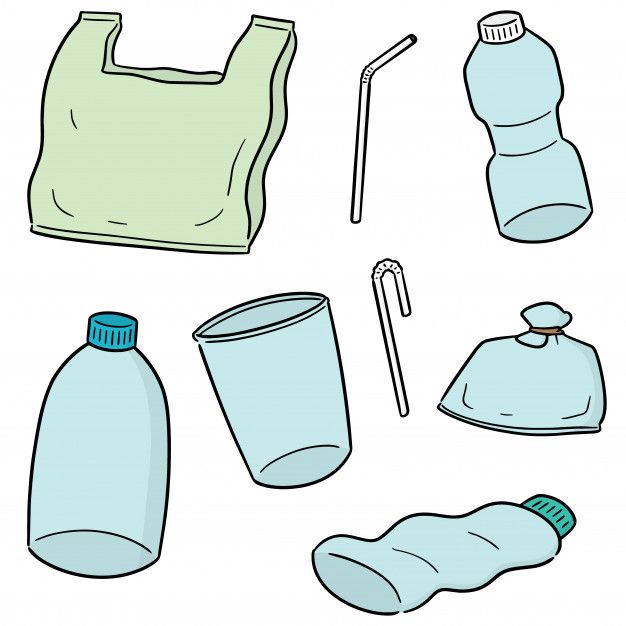 Illustration of common single-use plastic items including bottles, bags, cups, and straws.