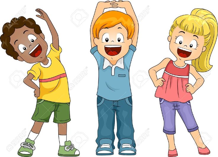 Three diverse cartoon children stretching and smiling joyfully during a fun physical activity session.