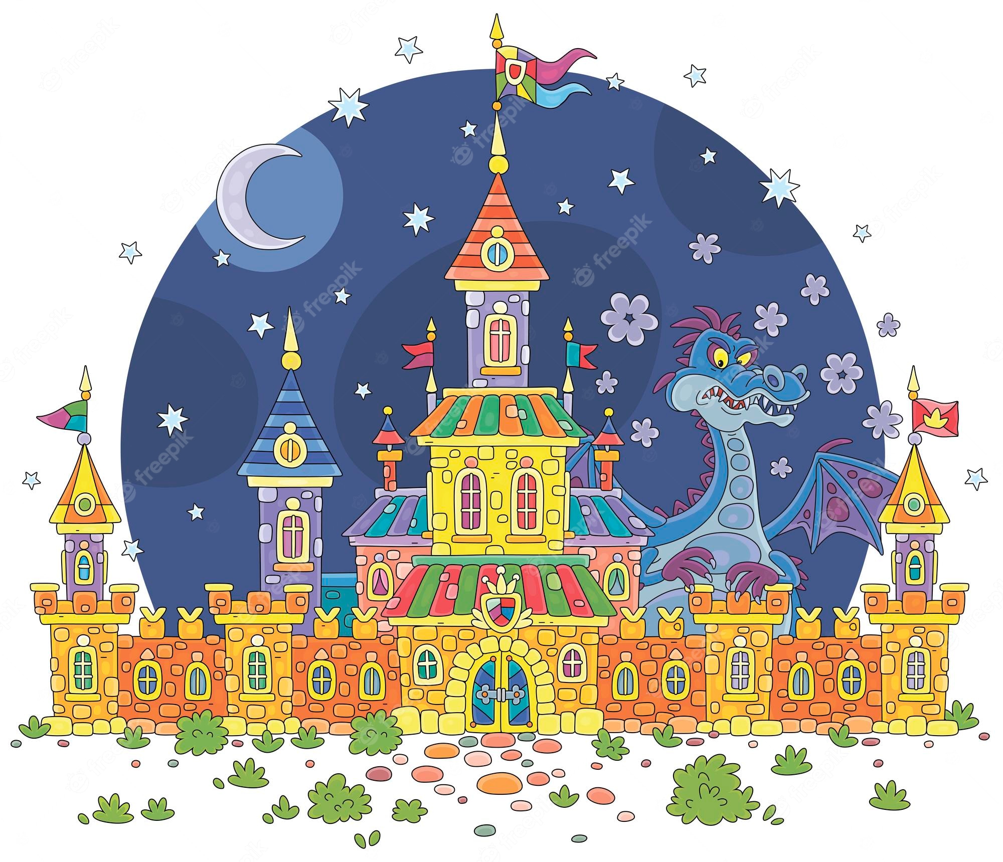 Colorful fairy-tale castle at night with a blue dragon, stars, moon, and flags.