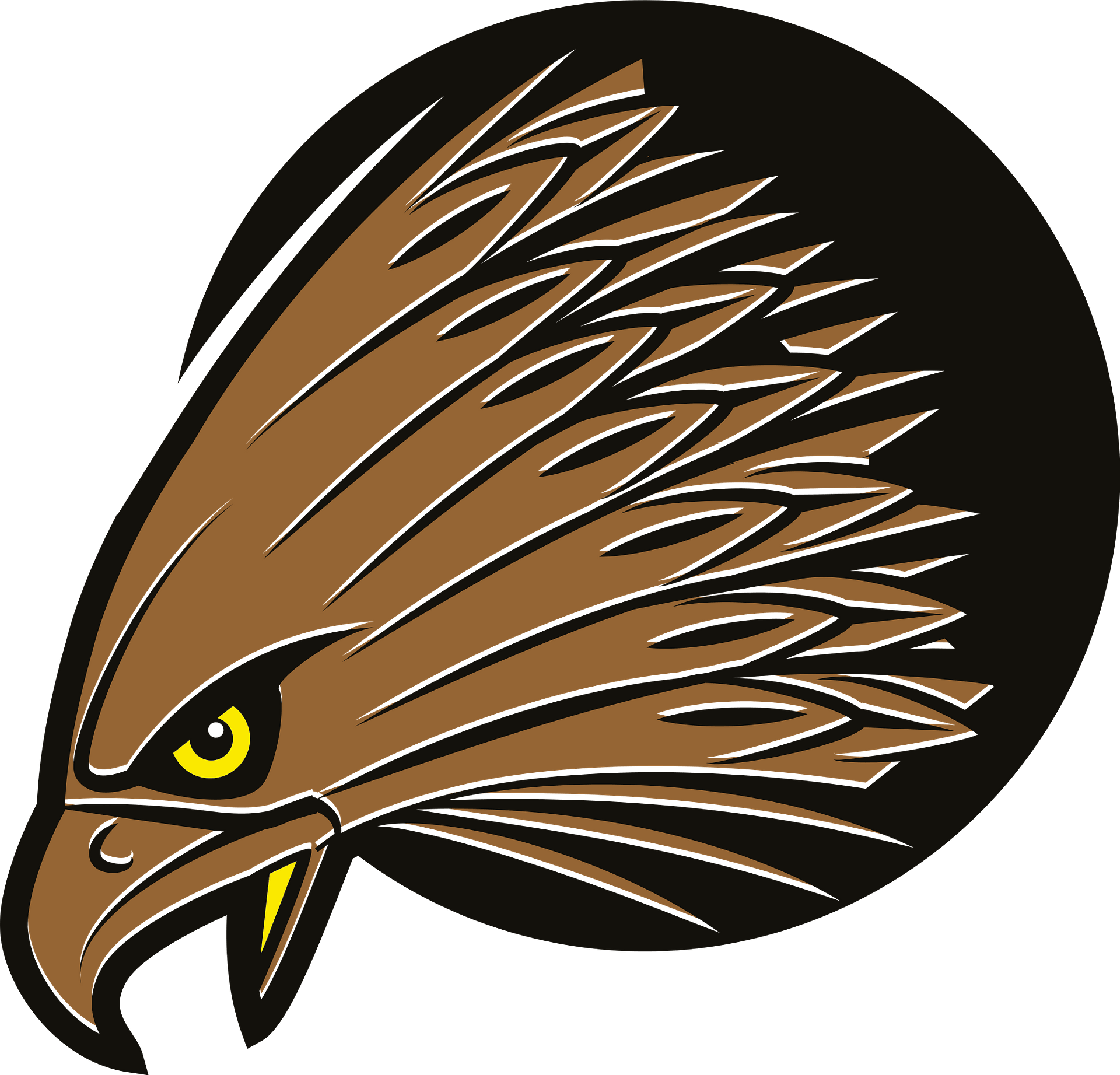 Stylized brown eagle head with yellow eye and beak, set against black circular background.