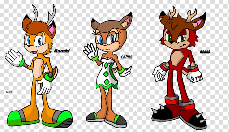 Three anthropomorphic deer characters-Bambi, Faline, and Ronno-in Sonic-style designs with colorful outfits and expressive poses.