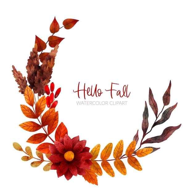 Watercolor autumn wreath with red flower, orange and brown leaves, and "Hello Fall" text on white background.