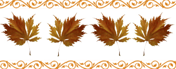 Four autumn maple leaves in warm orange and brown tones, framed by ornate golden scrollwork borders.