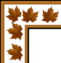 Brown maple leaves decorate the top-left corner of a wooden picture frame border.