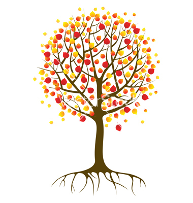 Stylized autumn tree with red and yellow leaves, visible roots, and bare branches on white background.