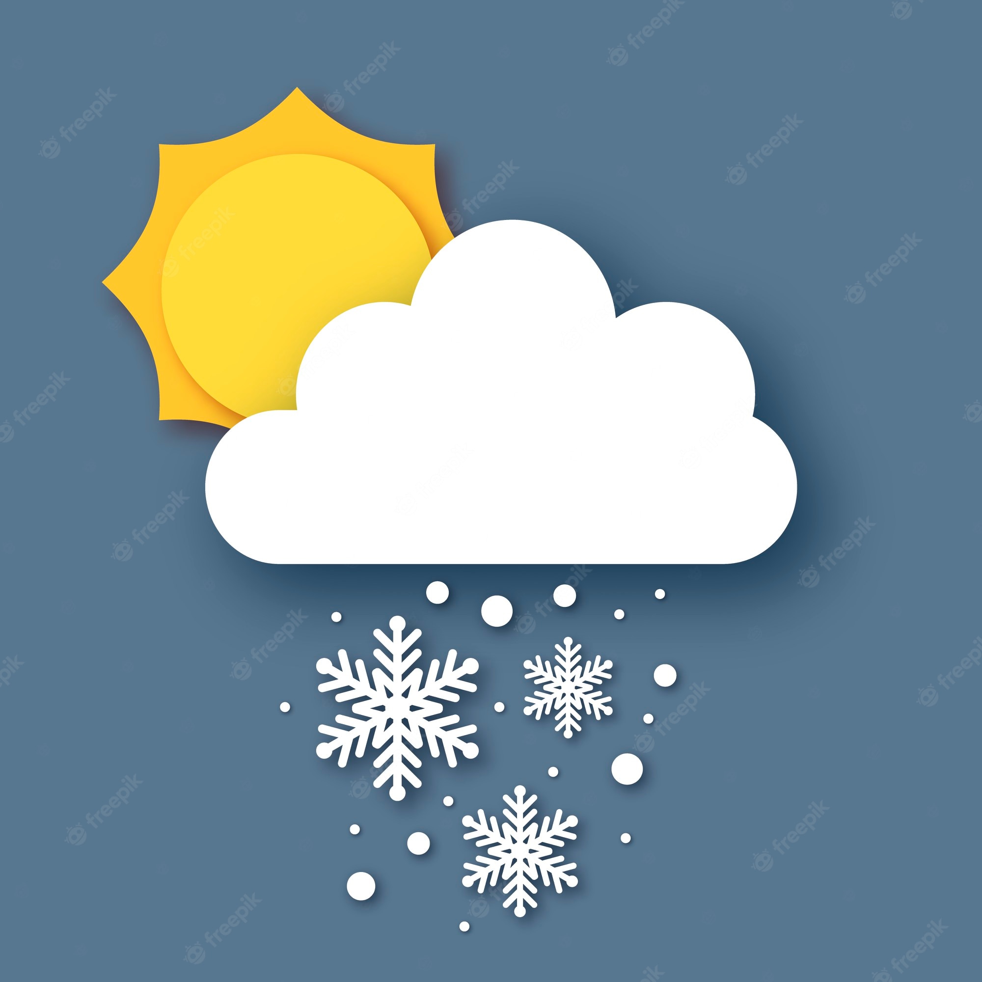 Paper-cut style sun partially behind a cloud with falling snowflakes and snow dots on blue background.