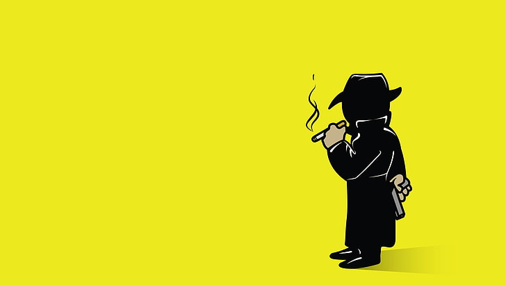 Silhouetted detective in trench coat and fedora smoking a cigarette against bright yellow background.