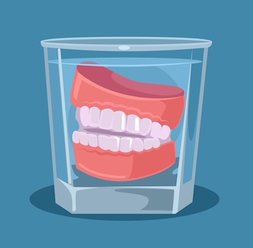 Dentures soaking in a glass of water, illustrating proper overnight storage for oral hygiene.