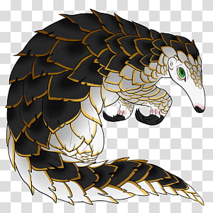 Illustrated pangolin with black and gold scales, green eye, and curled tail on transparent background.