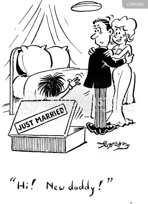 A cartoon of a newlywed couple embracing as a baby pops up from a "JUST MARRIED" box, saying "Hi! New daddy!"