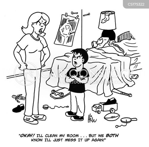 A frustrated mother confronts her defiant son in a messy bedroom; he says he’ll clean but admits he’ll just mess it up again.