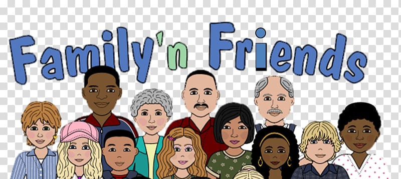 Diverse group of animated characters under "Family 'n Friends" title, representing inclusive community and relationships.