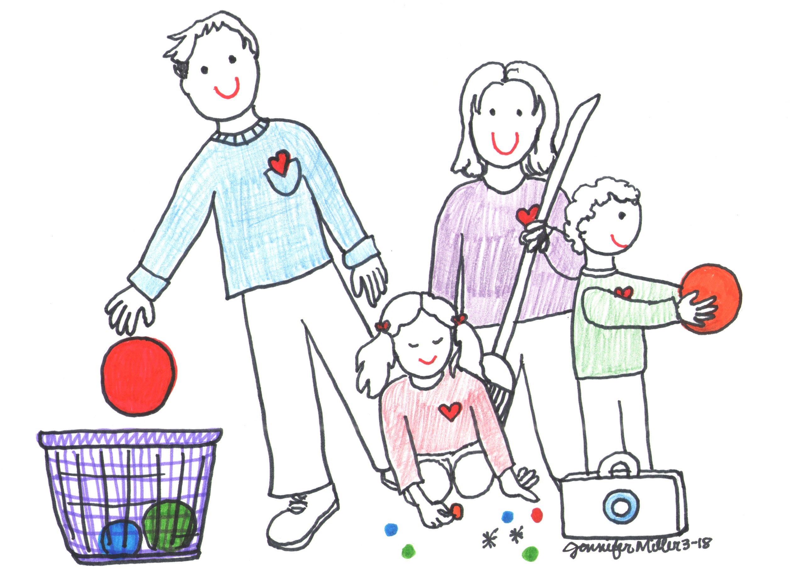 A hand-drawn family of four playing with colorful balls and toys, smiling and wearing heart-emblazoned sweaters.