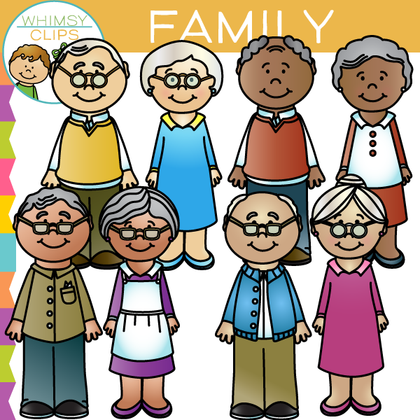 Diverse group of eight smiling elderly adults in colorful clothing, representing a multigenerational family clip art.