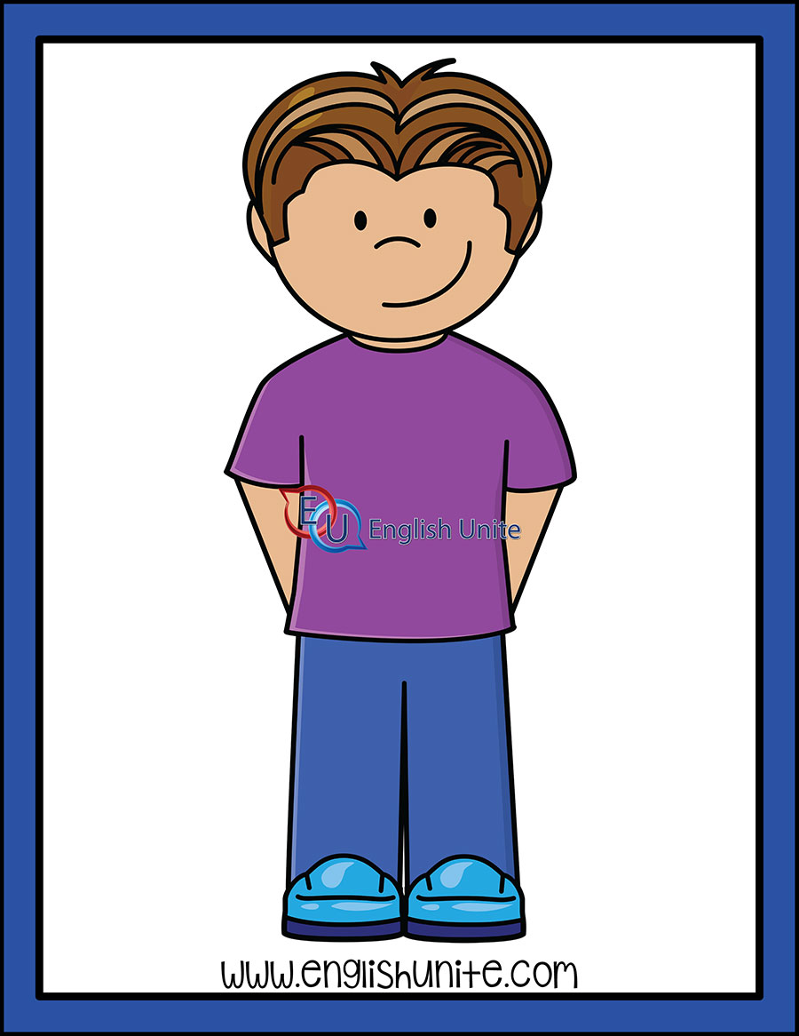 Cartoon boy with brown hair, purple shirt, blue pants, and blue shoes, smiling with hands behind back.