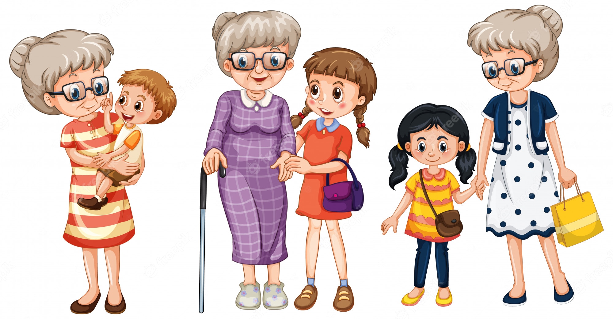 Three elderly women with young children in warm, affectionate poses-holding, walking, and shopping together.