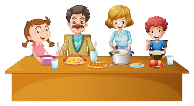 A smiling family of four-father, mother, daughter, and son-enjoying a meal together at a wooden dining table with colorful food.