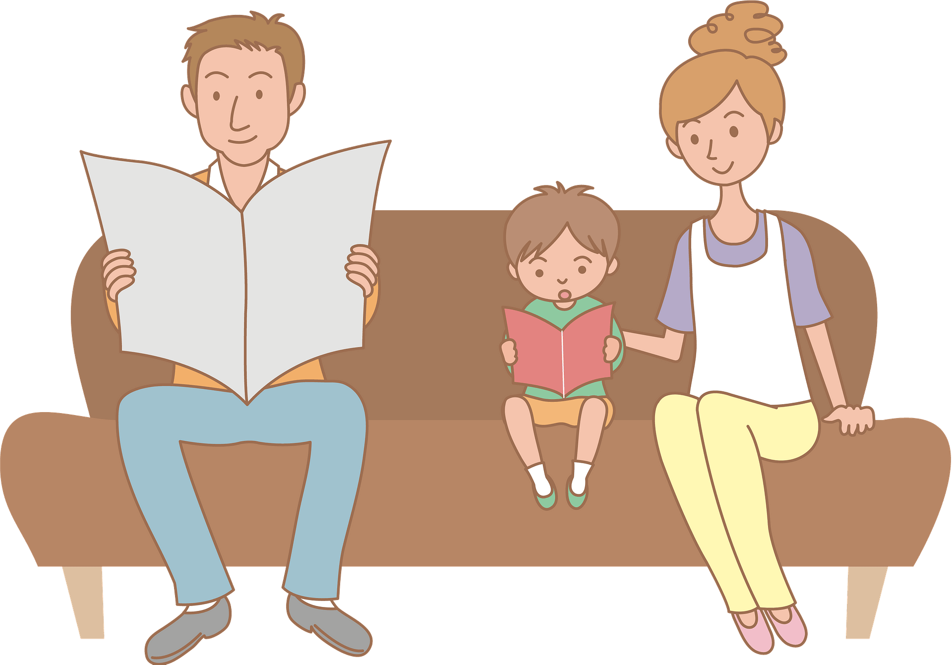 A family of three-father, mother, and child-sitting on a couch reading books together.