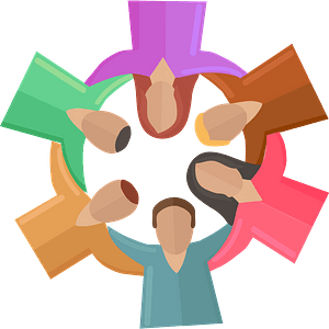 Six diverse people in colorful clothing stand in a circle, holding hands, symbolizing unity and teamwork.