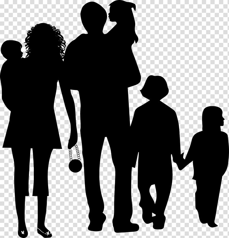 Silhouette of a family of five walking together-parents with three children, one carried, one holding hands, one beside mother.
